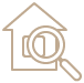 Icon of a simple house and a magnifying glass representing search for upcoming listings.